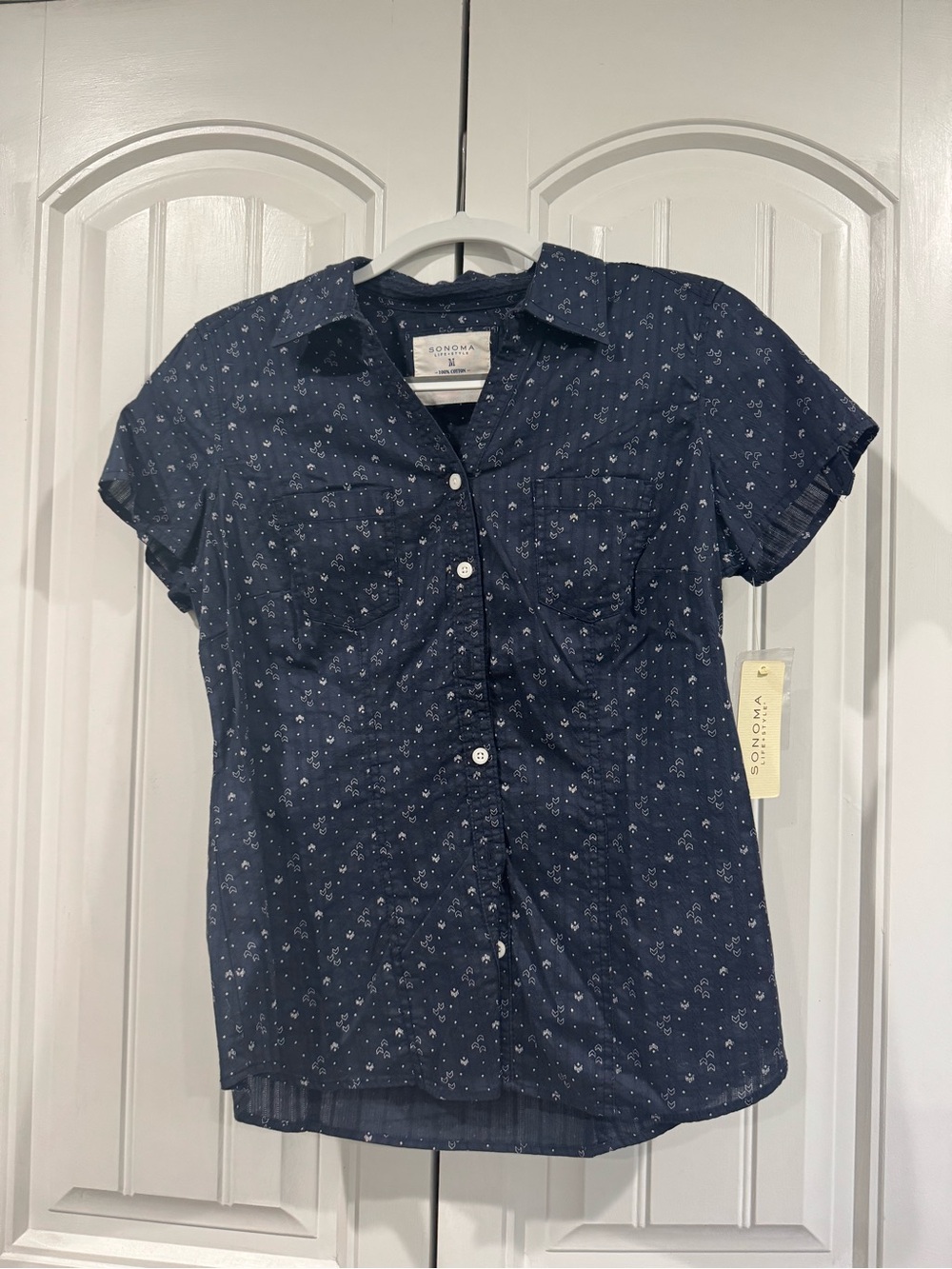 Sonoma Navy Short-Sleeve Button-Down with Tiny White Floral Print